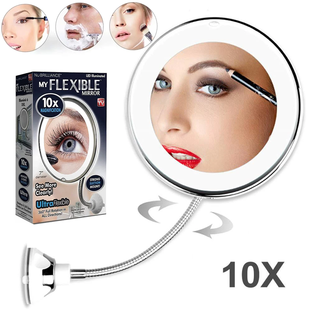 Espejo de baño con luz LED para ducha, espejos para afeitarse, 10 aumentos, ventosa, brazo Flexible accesorios de herramientas de - Luces e