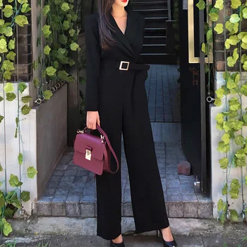 

Office Lady Elegant Wide Leg Jumpsuits Women Autumn Solid Color Rompers Belt Waist Office Wear Playsuits Long Pants Overalls