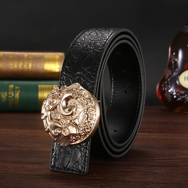 

Men's leather belt round head snap stitching line round buckle belt crocodile pattern leather belt men and women belt