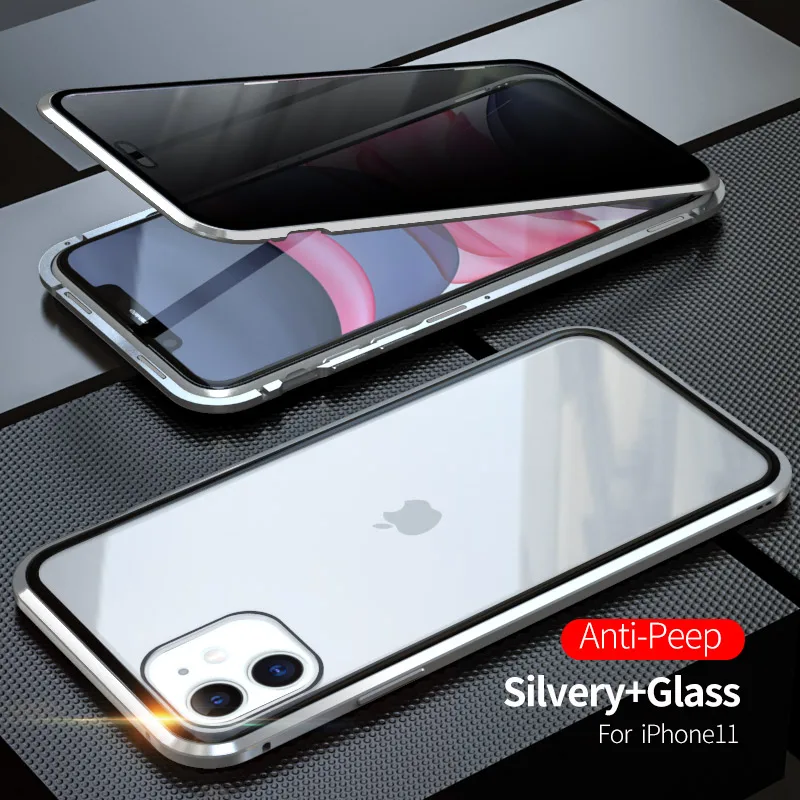 Магнитный чехол для iphone 11, чехол для iphone 11, металлический двухсторонний чехол из закаленного стекла для iphone 11 - Цвет: Anti-Peep-silver