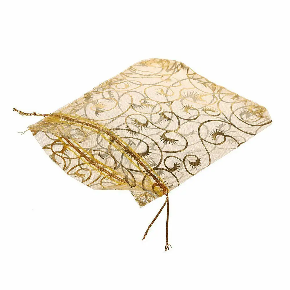 100pcs 9*12 Champagne Hot Stamping Eyelash Organza Drawstring Pouches Candy Gift Bags Party Decor - Цвет: Золотой