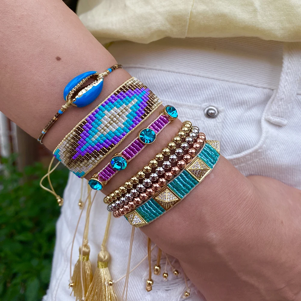 

BLUESTAR Women MIYUKI Bead Bracelet For Femme Turkish Eye Pulseras Mujer Moda Seashell Gold Copper Armband Handmade Woven