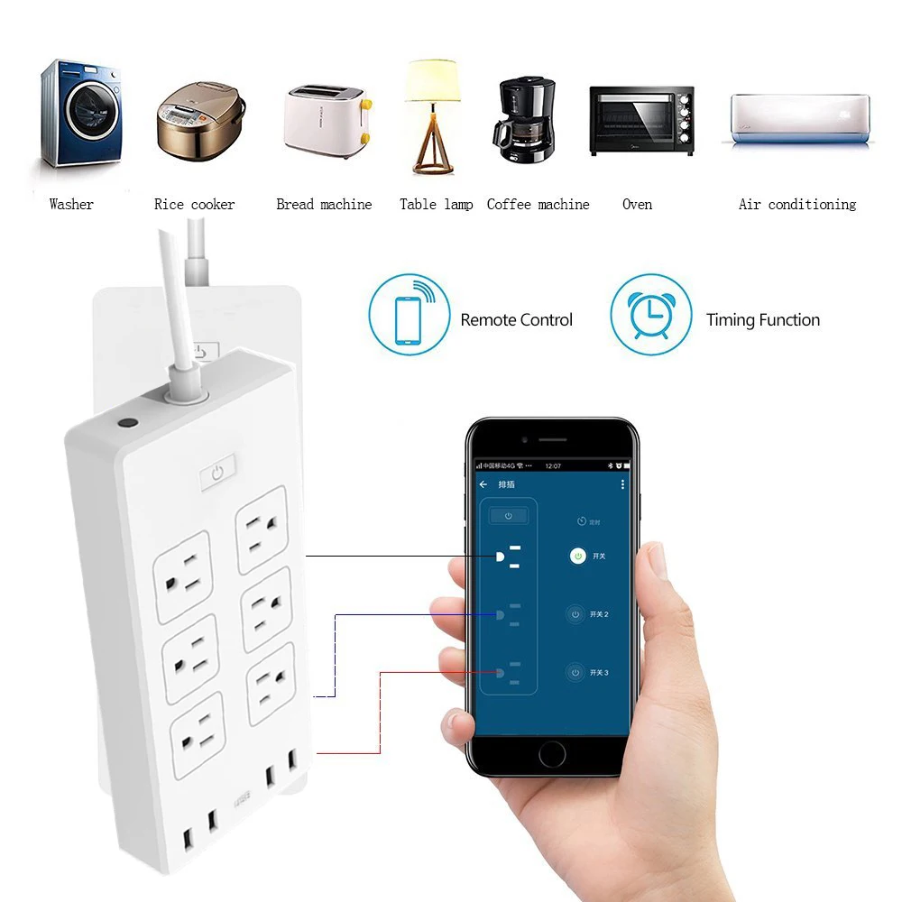 WiFi умная силовая полоса США Сетевой фильтр с 6 разъемами 4 USB порта умный дом переключатель управления совместимый с Alexa Google Assistant