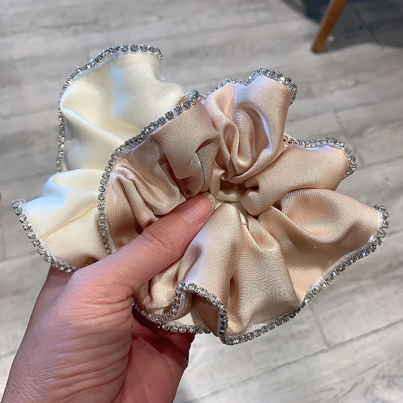 

Elegant Solid Satin Scrunchies Elastic Hair Bands for Women Rhinestone Crystal Hairbands Korean Girls Head Tie Hair Accessories