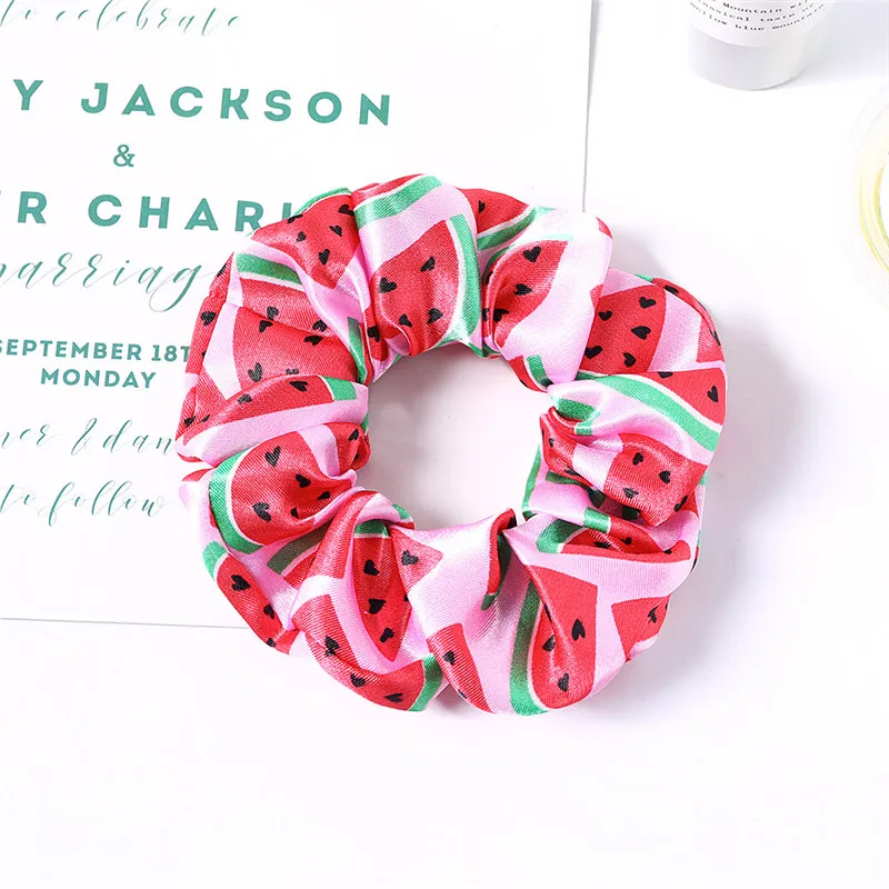 Women Girls Print Satin Big Elastic Rope Bands Watermelon Fruit Cute Heart Print Scrunchies Hair Gums For Bun Make Stretch Bands