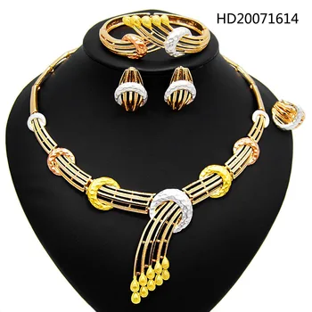

Yulaili New Tricolor African Charm Choker Necklace Earrings Bracelet Ring Nigerian Wedding Bridal Bridesmaid Party Jewelry Sets