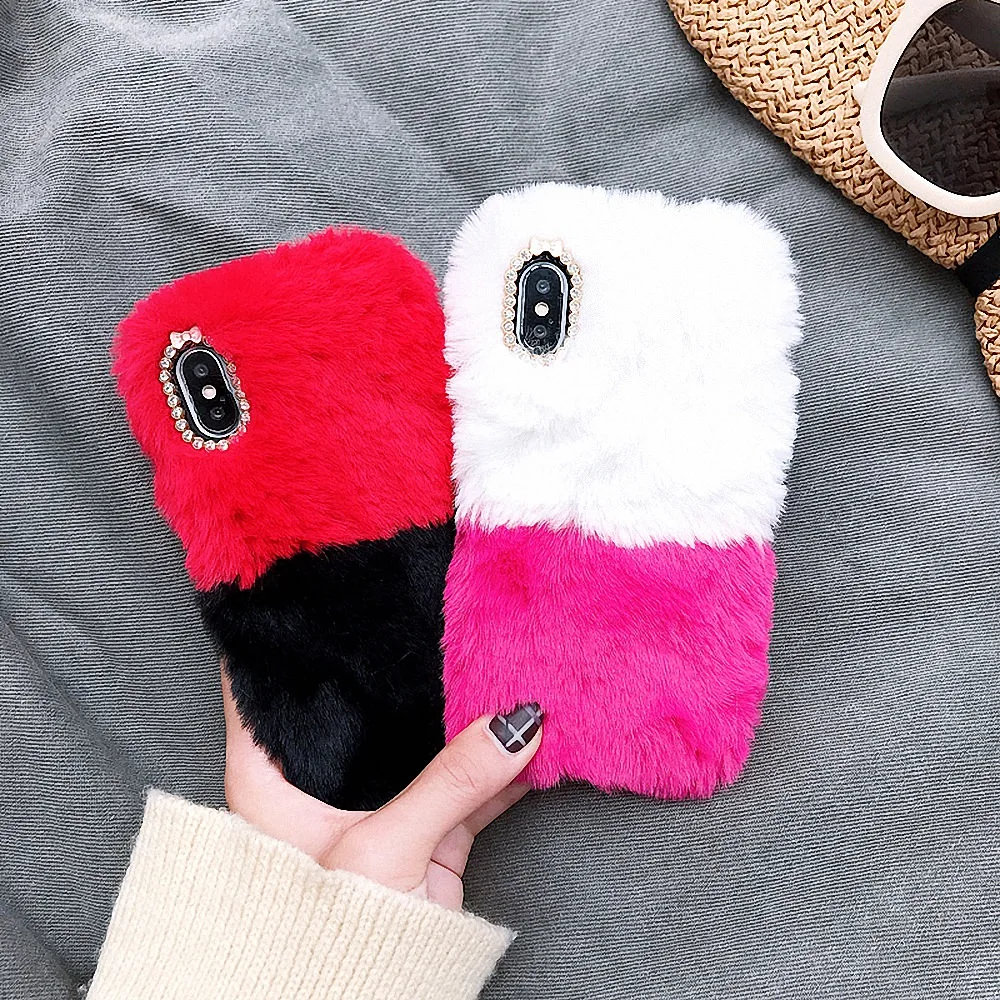 

LAPOPNUT Case for Iphone Xr Xs Max X 8 7 Plus 7 6 6s Faux Rabbit Two-color Fur Apple Coque Bling Plush Furry Protective Cover