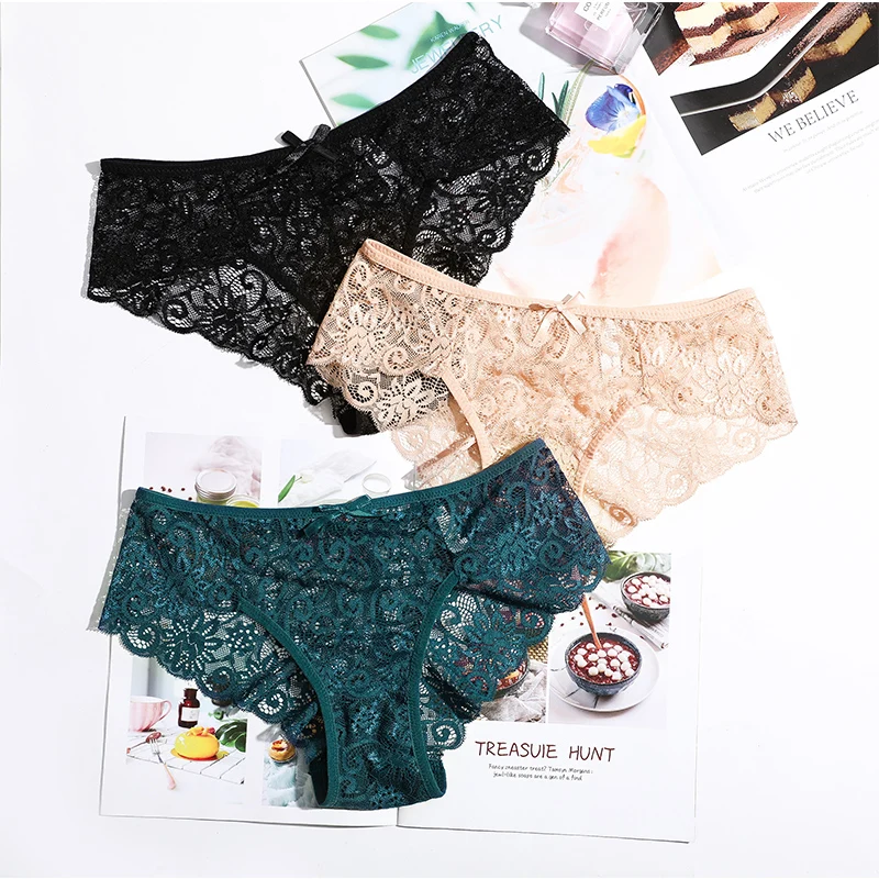 3pcs/Pack Sexy Women Lace Panties Underwear Lace Briefs Transparent Floral Bow Soft Lingerie Sexy Fashion Panties For Ladies 2023 new sexy lingerie style pure sweet transparent lace elasticity lingerie costumes lace for sex exotic pajamas for women