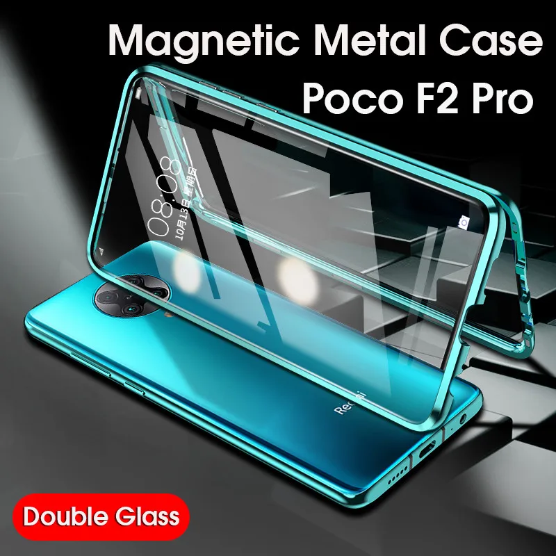 Магнитный металлический чехол pocophone f2 pro двойной из закаленного стекла 360 для Xiaomi