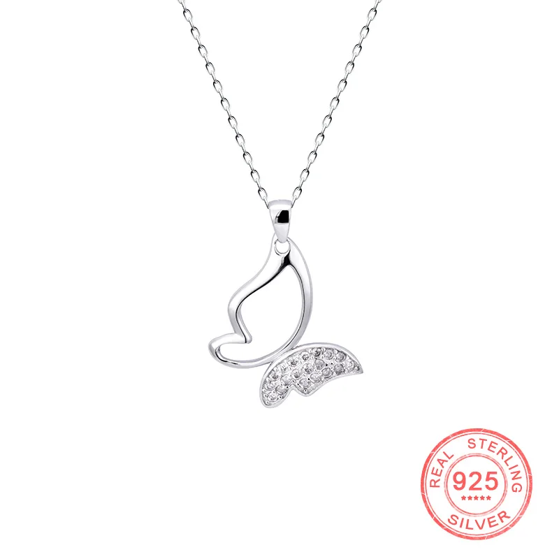 

JEWELS 925 Sterling Silver Hollow Butterfly Pendant Necklace Half Pave Clear Zircon Valentine Anniversary Exquisite Gift Jewelry