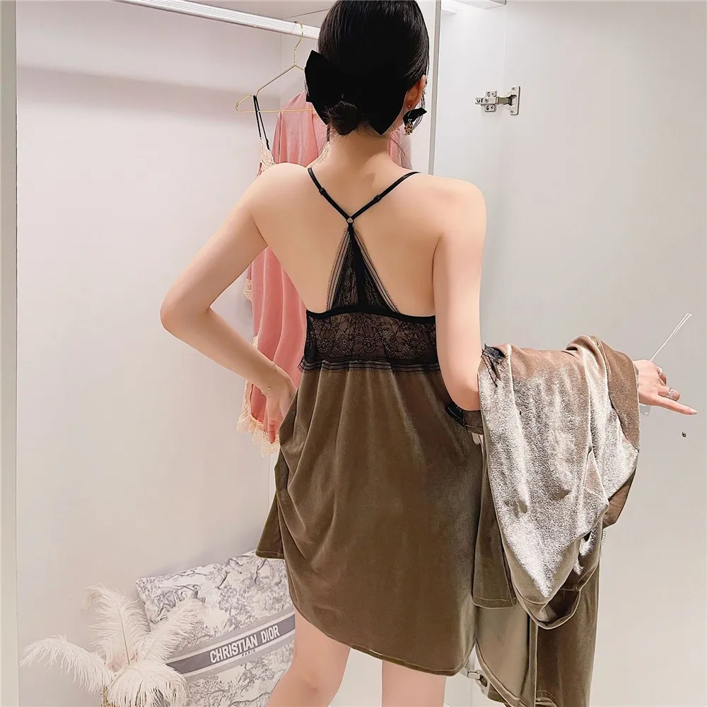 

Tulin Fashion Women Khaki Velour Robe Patchwork 2PCS Sleepwear Sexy Perspective Kimono Bathrobe Gown Velvet Robe Set Home Wear