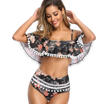 

2019 Sexy Women Bikini Set Female Plus Size High Waist Swimsuit Bathing Suit Swimming Women Swimwear Micro Bikini Black Flower