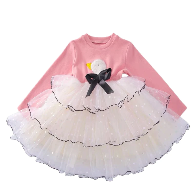 

New Arrival Girls Dress 2021 Spring Autumn Fashion Cartoon Bow Long Sleeve Splicing A-line Skirt Children Princess Dress