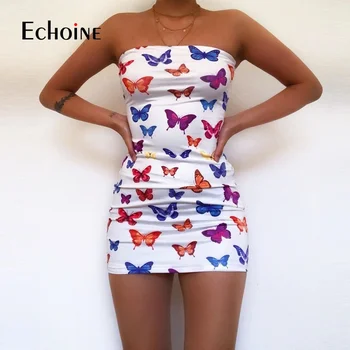 

Echoine sexy butterfly print tube mini dress offer shoulder women streetwear 2020 summer party outfits female bodycon clothes