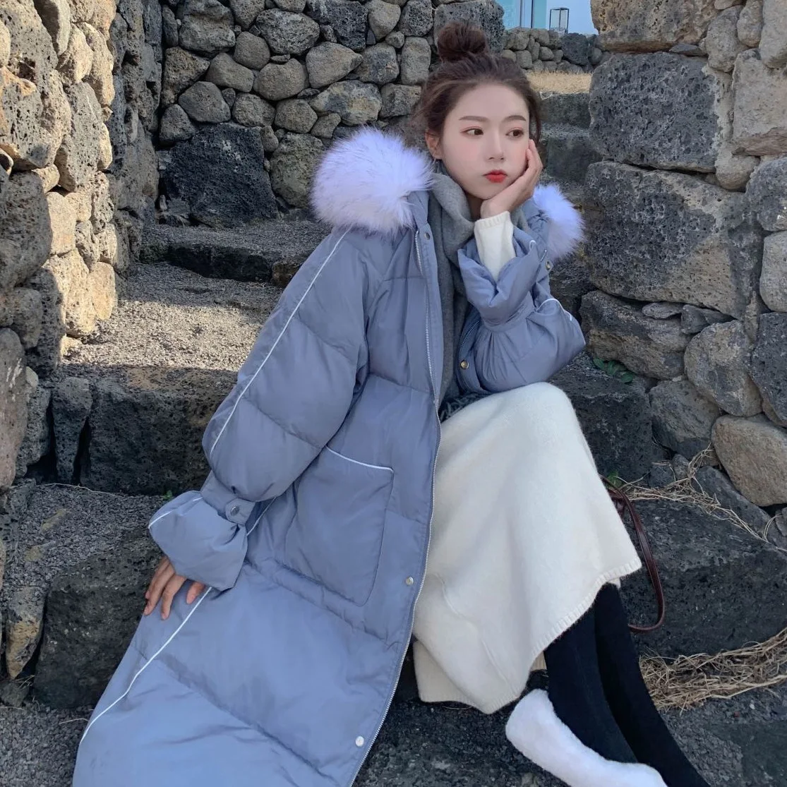 

Photo Shoot Main Push INS Elegant Contrast Color Binding down Coat Long Hooded Model Large Fur Collar Cotton Overcoat Women's OL