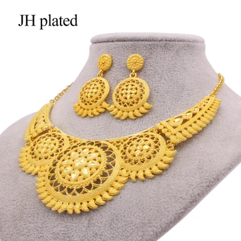 

Jewellery set gold color collares necklace earrings set Dubai wedding ornament bridal gifts for women African party jewelry sets