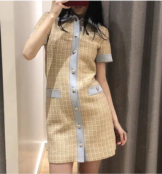 

Tweed Small fragrance women dress stitching denim single-breasted turndown collar short sleeve lady mini dress
