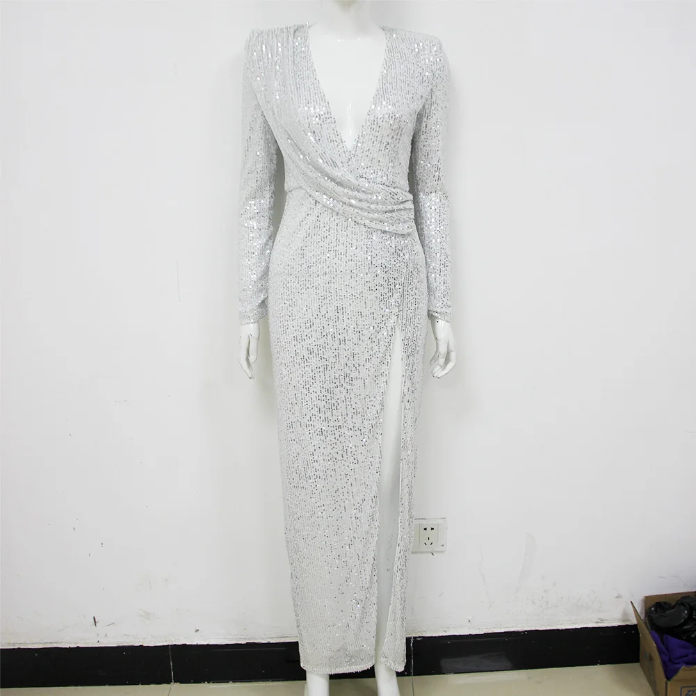 Женское роскошное сексуальное платье с v-образным вырезом и длинным рукавом, Сетчатое длинное платье макси с блестками, дизайнерское модное вечернее платье, Vestido