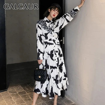

GALCAUR Vintage Print Hit Color Women's Dresses Lapel Collar Long Sleeve High Waist Tunic Midi Pleated Dress Female Fashion 2020