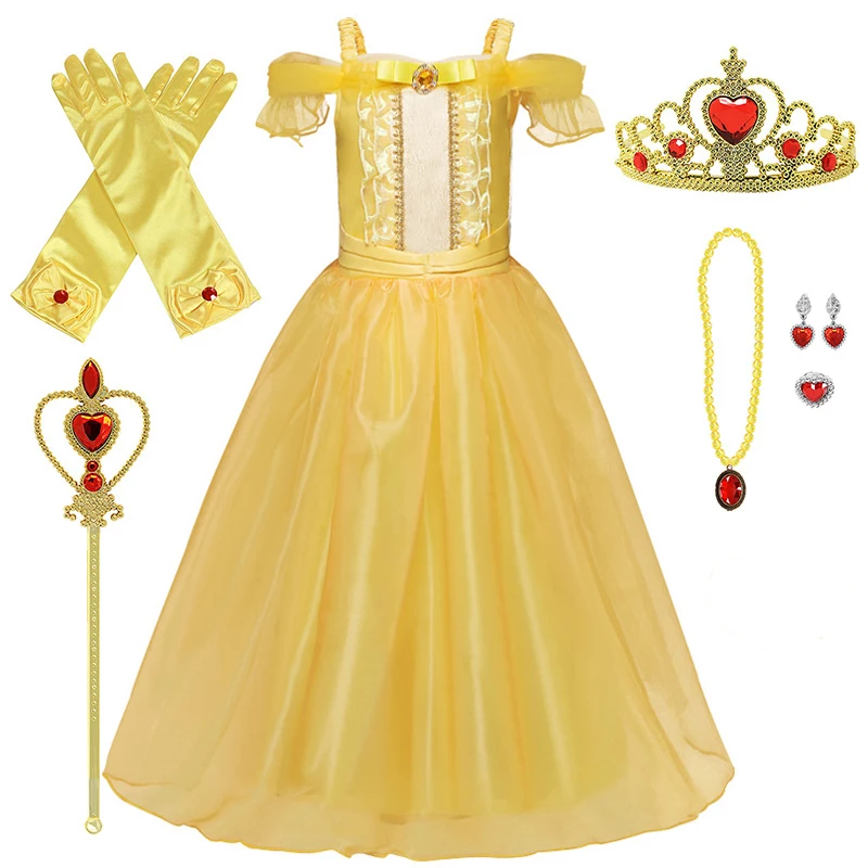 Princess Dress For Girls Cosplay Bell Snow Queen Elsa Costume Halloween Clothes Birthday Party Kids Dresses With Crown Set
