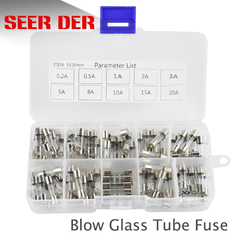 100-Piece Assorted 5x20mm Glass Fuse Kit - Quick-Blow, Various Amperages (0.2A-30A)