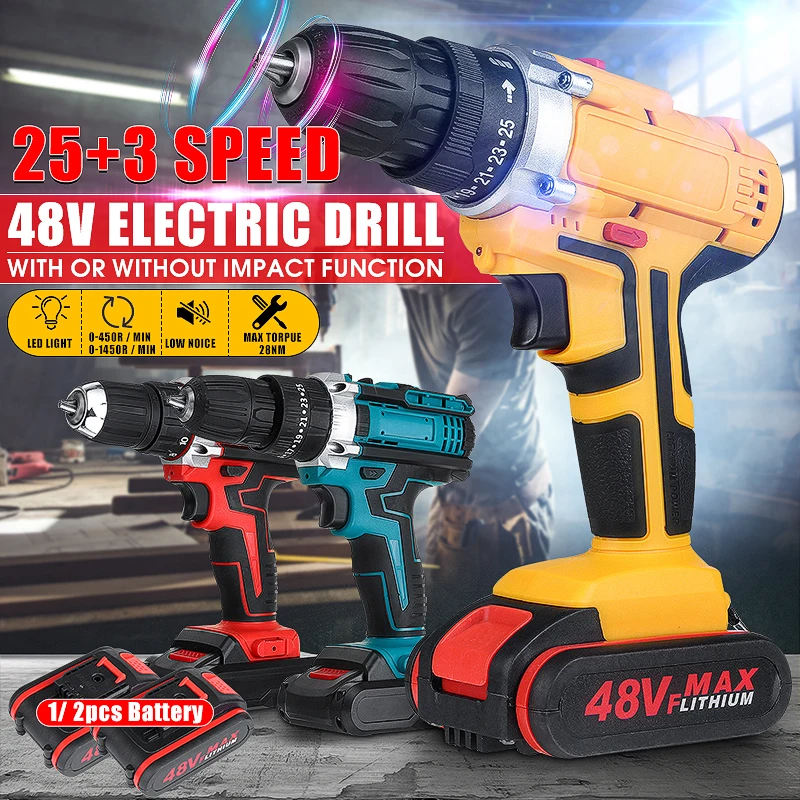48V 25+3 Torque Cordless Drill 2 Speed Electric Screwdriver Impact Wireless Power Driver DC Lithium-Ion Battery 6000mAh | Инструменты