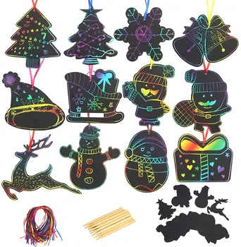 

480pcs Magic Christmas Scratch Paper 120pcs Wooden Styluses and 480pcs Color Ribbons for Christmas Theme Kids Party DIY Crafts