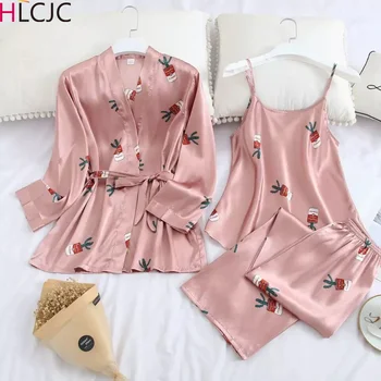 

Spring Women 3 Pieces Silk Pajamas Sets with Pants Flower Print Spaghetti Strap Pyjama Satin Elegant Sexy Homewear Pijama Mujer