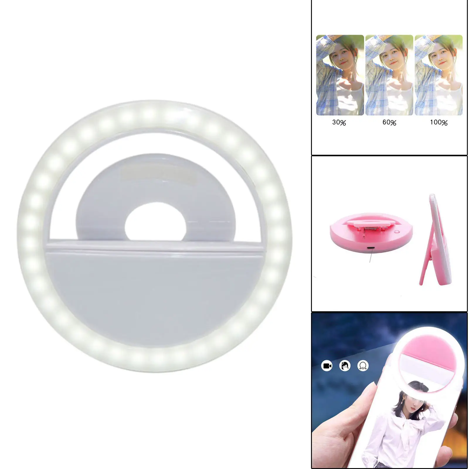 LED Selfie Loop Light Mini 250mAh Portable USB Charging 3 Modes Dimmable Fill Light for Video Live Streaming Camera Cell Phones