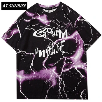 

Hip Hop T Shirt Men summer purple lightning letter print T-Shirt Streetwear Harajuku High Street Oversized cotton Black Tops
