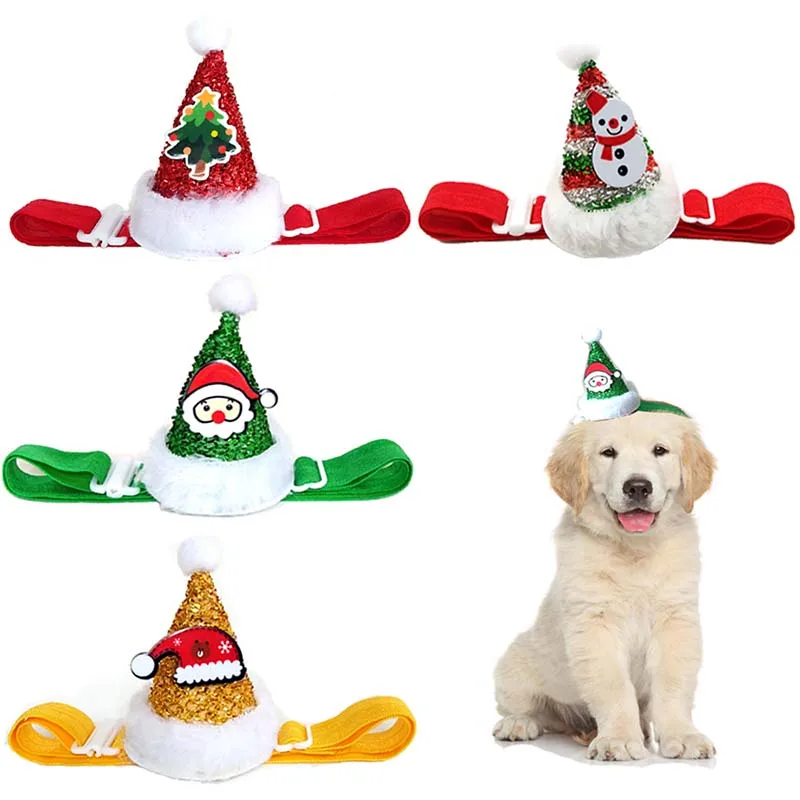 

4 Colors Pet Christmas Cap for Small Medium Dogs & Cats Adjustable Elastic Rope Pet Headwear Pet Party Headband Pet Accessories