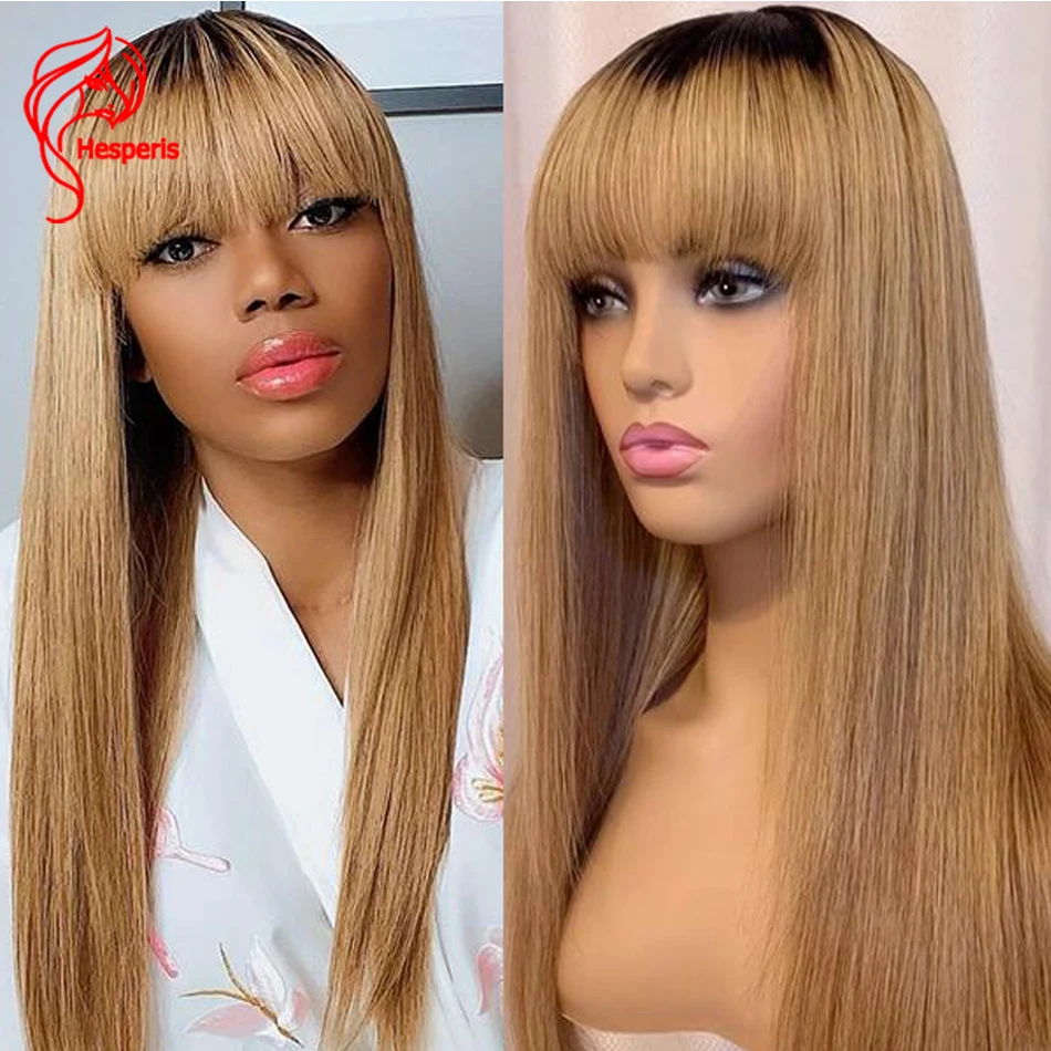 Hesperis #27Honey Blonde Ombre Human Hair Wigs With Bang For Black Women Glueless Machine Made Full Wig Remy Brazilian Scalp Top