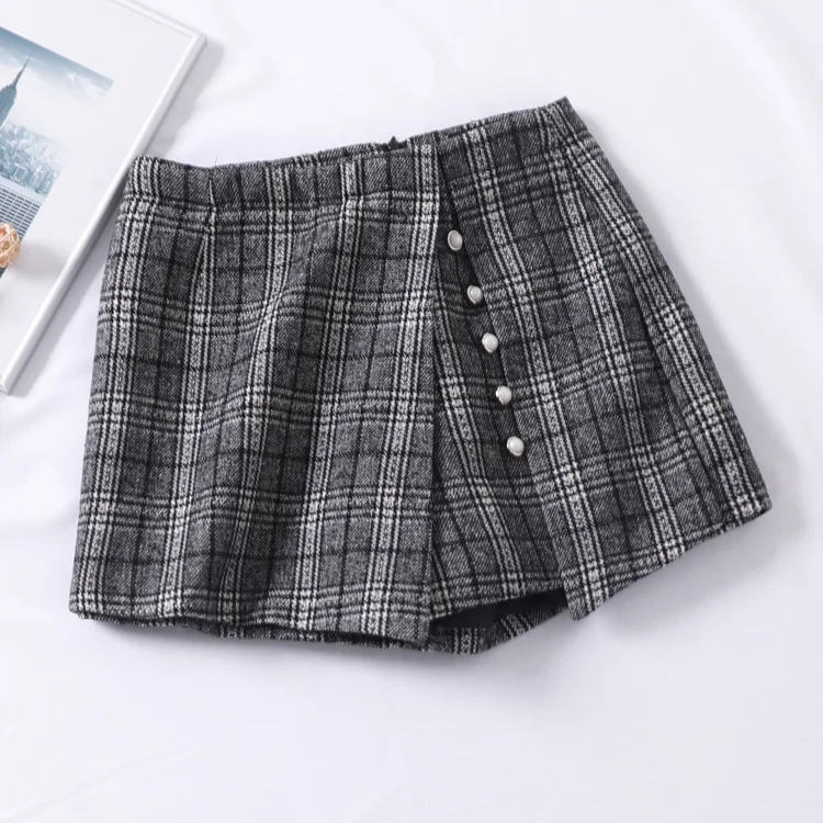 

A Generation of Woolen Irregular Pantskirt Autumn And Winter Beads Plaid A- line Skirt Anti-Exposure Short Skirt Entity