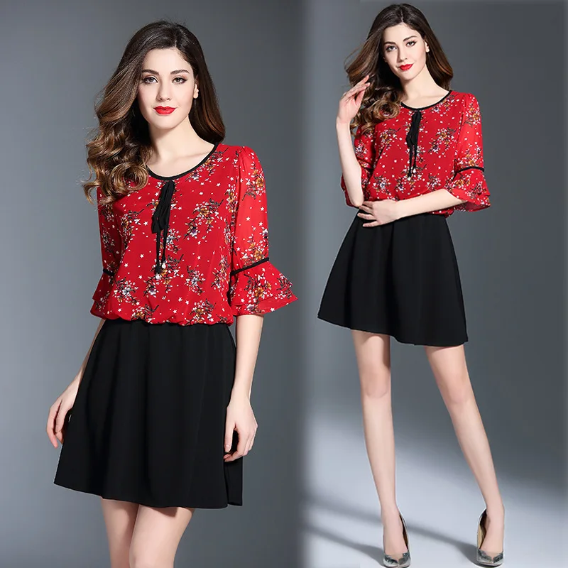 

2018 Summer New Style Fashion Slim Fit Slimming Flounced Sleeves Fake Two-Piece Base Elegant Chiffon Dress Women's 6106