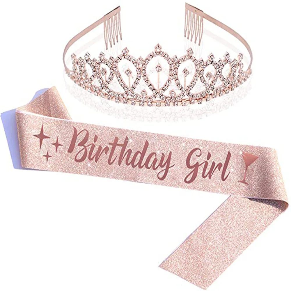 2_Pcs_Sets_Birthday_Party_Shoulder_Strap_Crown_Set_Birthday_Girl_Etiquette_Belt_Rose_Gold_Cloth (9)