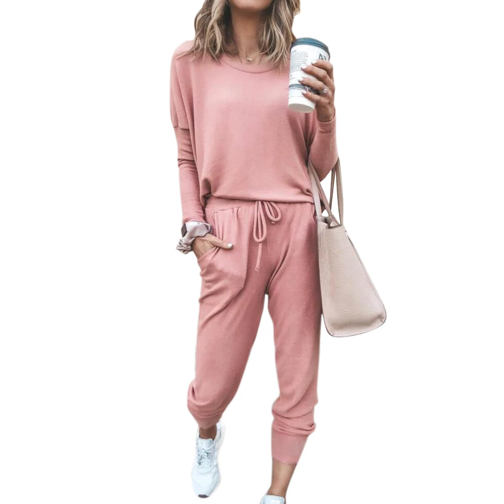 

Fall Women's Sporting Set Casual 2pcs Track Suits O-neck Tops And Lace Up Jogging Pants Long Sleeve Loose conjuntos de mujer D30