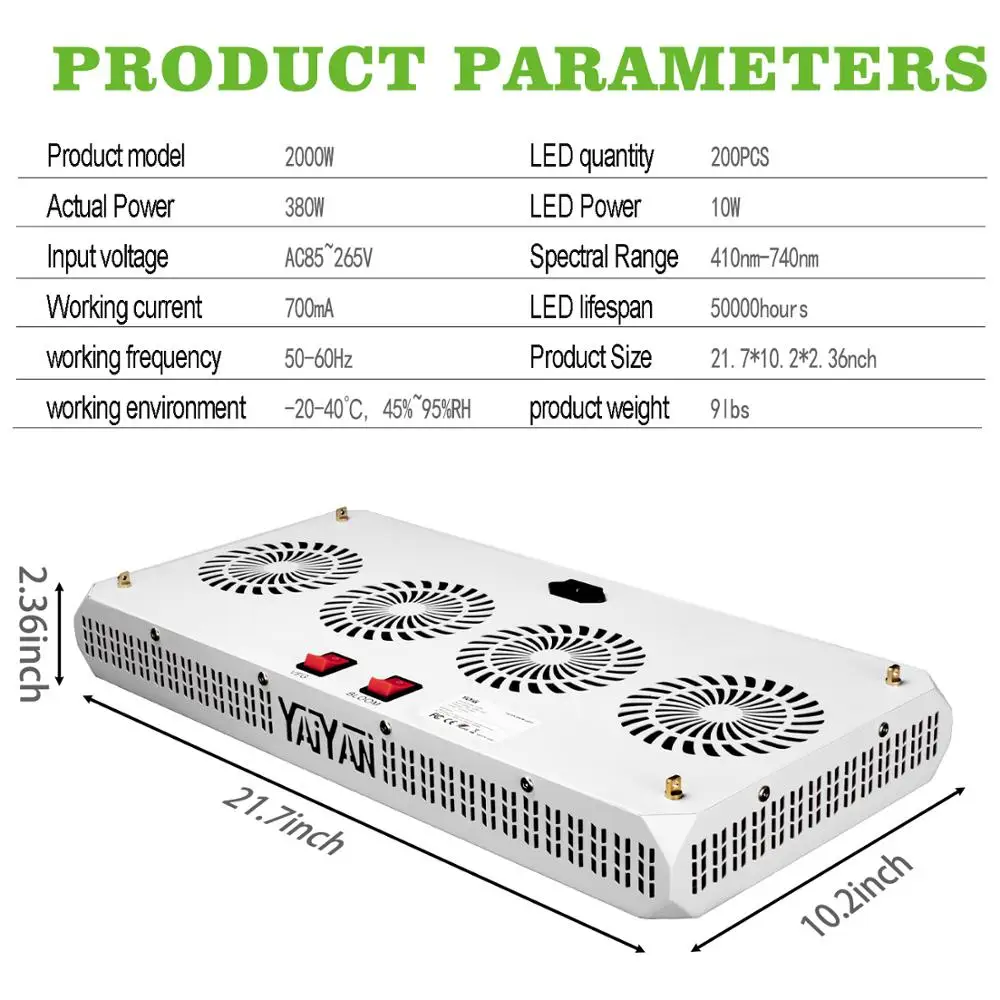 YAIYAN 2000W LED Plant Grow Light,with Thermometer Humidity Monitor,with Adjustable Rope,Full Spectrum Double Switch Plant Light