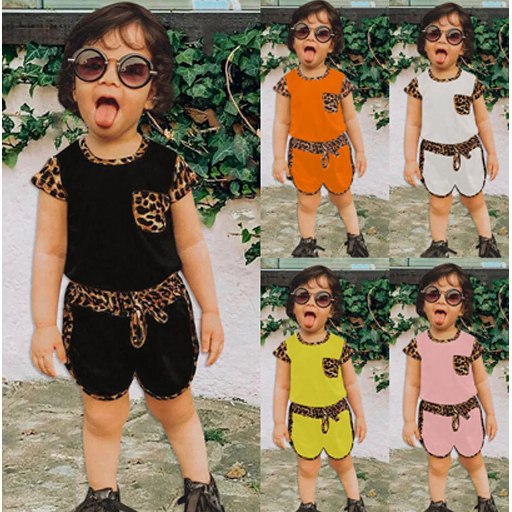 Toddler Kids Baby Girls Leopard Print T-shirt Top+Shorts Outfits Sports Clothes