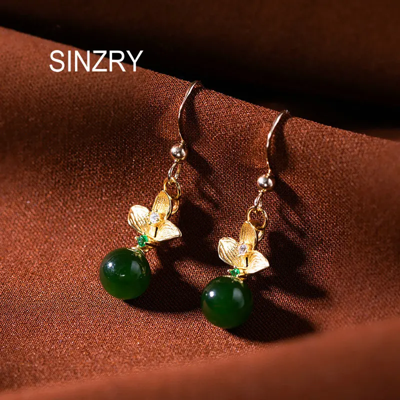 

Sinzry new 100% Sterling Silver hetian jade stone Creative flower vintage dangle earrings fine silver flower Earrings fine jewel