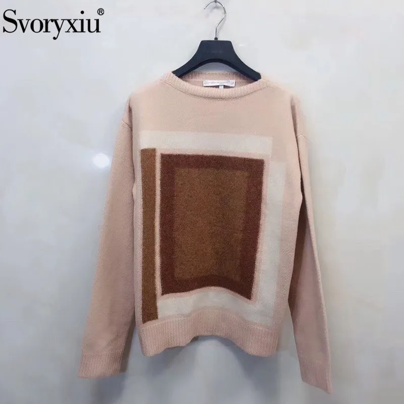 

Svoryxiu 2019 Designer High End Soft Cashmere Sweater Pullovers Women's Fashion Geometric Pattern Autumn Winter Knitting Jumper