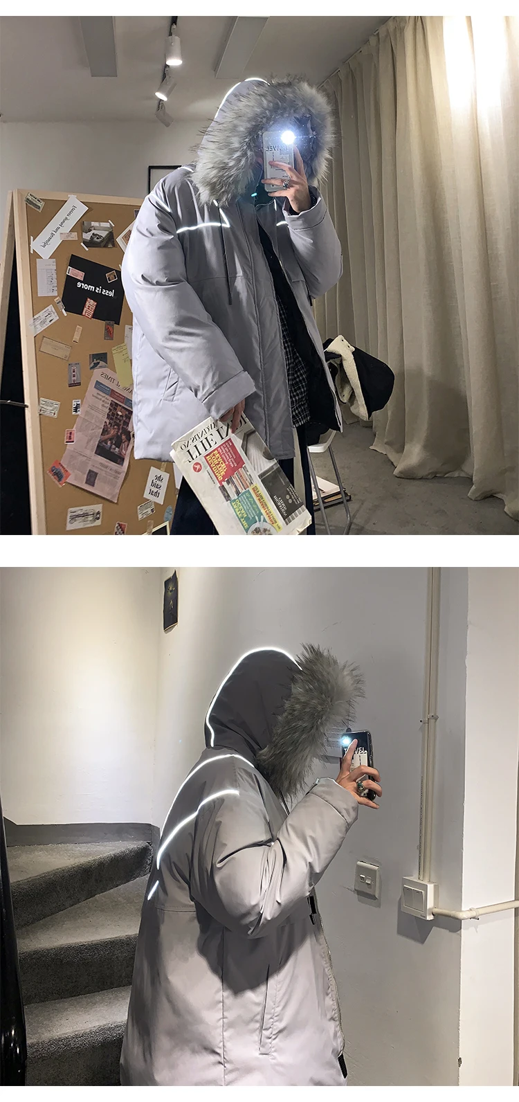 Мужская зимняя модная красивая длинная куртка из дикого хлопка со светоотражающей лентой для подростков, теплая новая куртка