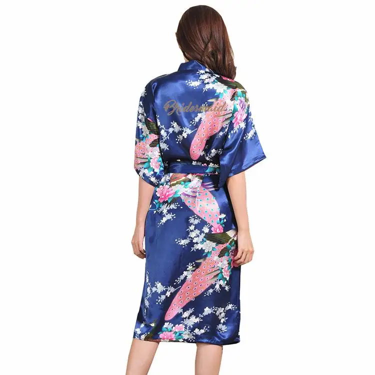 Summer Casual Mid-calf Women Bridesmaid Wedding Robe Exquisite Print Peacock Letter Nightgown Wedding Party Gift Satin Pajamas - Цвет: Navy Blue