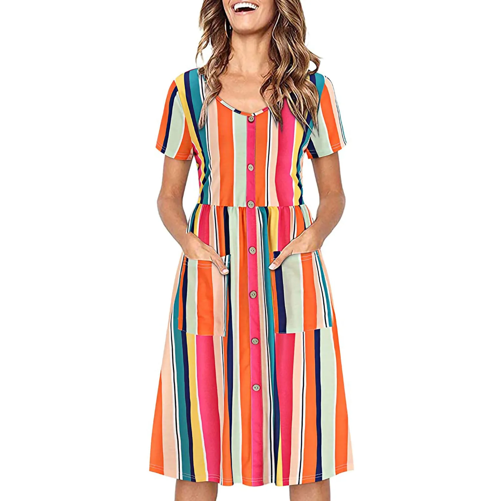 Women's V Neck Dresses Button Down Skater Dress With Pockets Sunmmer