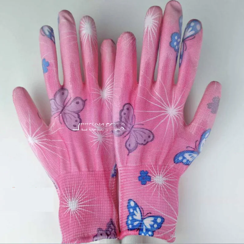 NMSafety 3 Pairs Garden Work Glove Flower Print Polyester Liner Coated PU Fashion Gloves For Women jdl 12 pairs work glove 13 pin honeycomb polyester knit design pvc coating anti slip