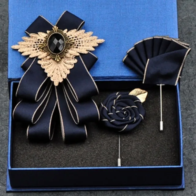 British New Fashion Men's Wedding Performance Groom Wedding-Party Flower Collar Bow Tie Pocket Towel Square Set Men Accessories Navy blue set
