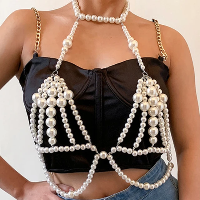 Fashionable Vacation Style Beaded Bra Faux Pearl Decor Body Chain for Women  Beach Decoration
