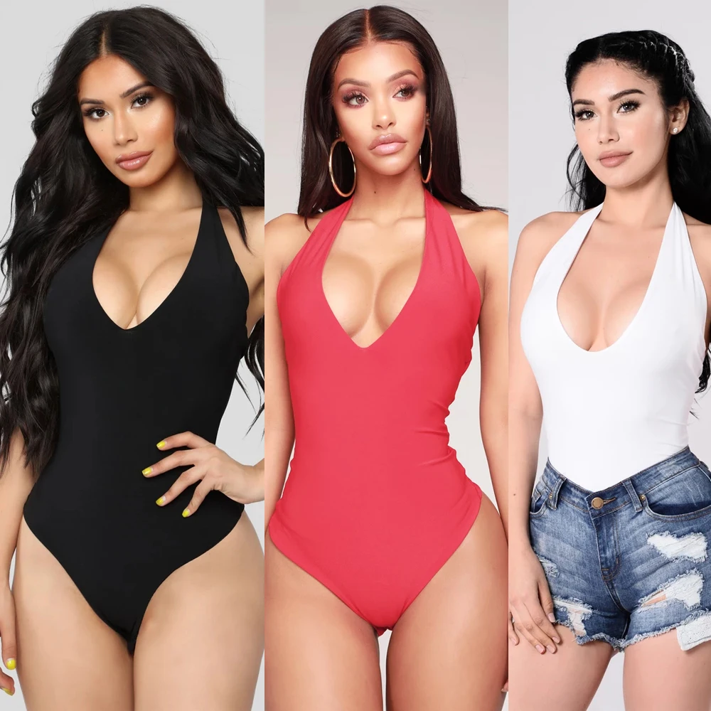 Plus Size Fashion Women Sexy Bustier Bodysuit Summer Sleeveless Backless Halter Plain Skinny Party Club Beach Streetwear Clothes