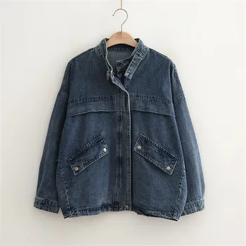 

2020 Spring Korean style Vintage Washed blue Denim Jacket Women Short Stand collar Bat sleeve Jeans Jacket Coat Female Outerwear