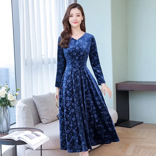 Navy Blue Винтажные вельветовые платья средней длины размера плюс на осень и зиму, Золотое вельветовое платье с длинным рукавом, элегантные женские облегающие вечерние платья - Цвет: Navy Blue