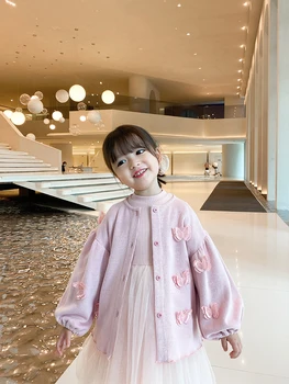 

2020 New Autumn Baby Girls Cardigan Knitted Spiral Texture Princess Puff Sleeve Lightweight Organza Stereo Butterfly Jackets